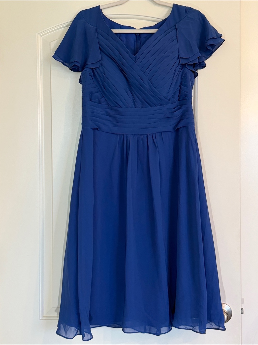 Azazie Royal Blue Midi V-Neck Pleated Chiffon Dress, Bridesmaid, Formal, Prom